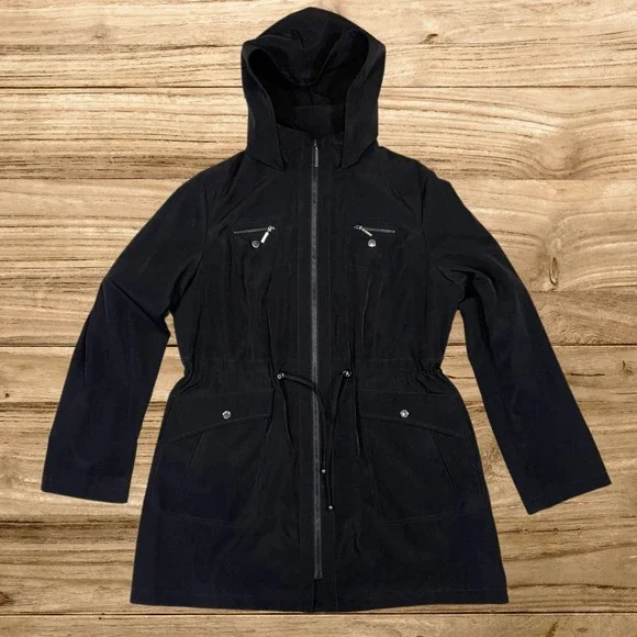 Liz Claiborne Womens Black Anorak Jacket Leopard Lining XL Drawstring Waist - Picture 2 of 12